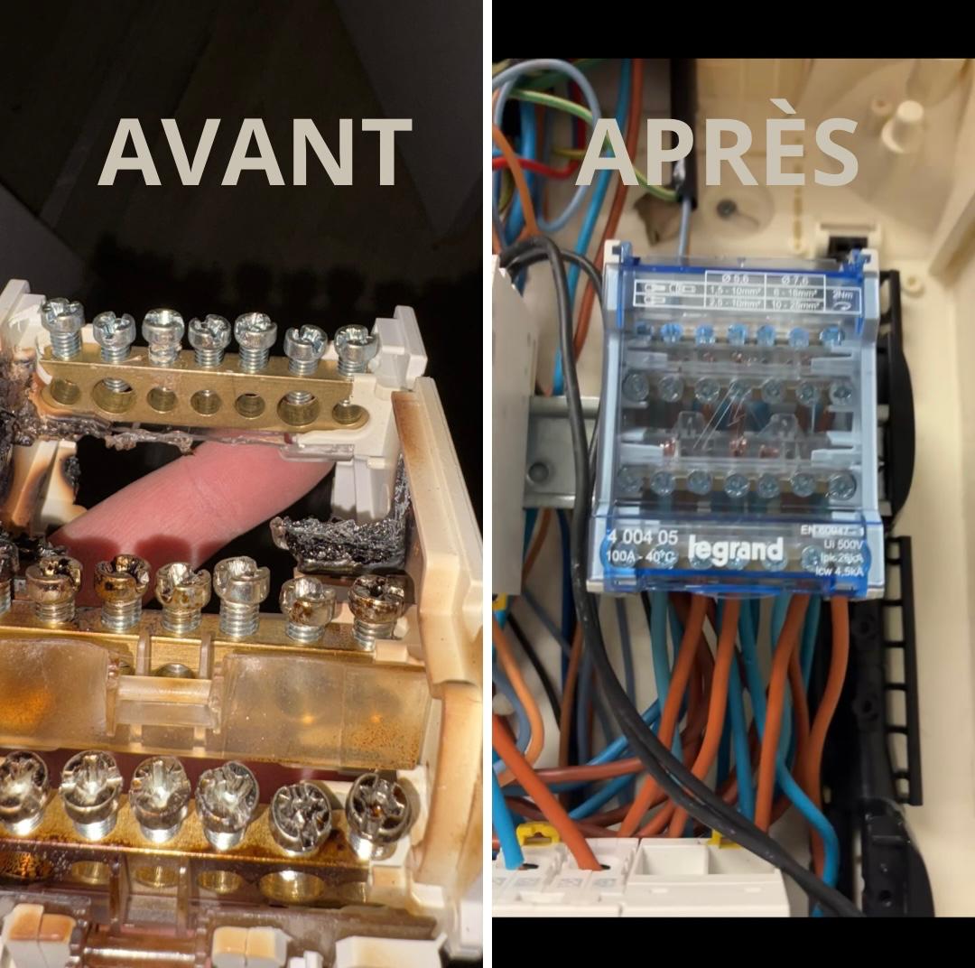 Remplacement d'un bornier de répartition endommagé : avant / après par PROTECH ELEC